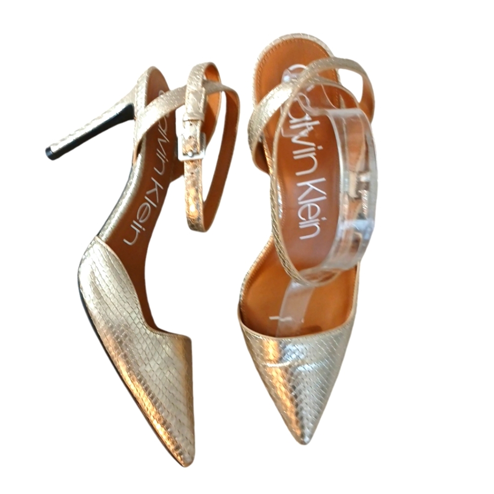 Calvin Klein Gold Raffaela Pointed Toe Snakeskin Pump Ankle Strap Heels Size 10